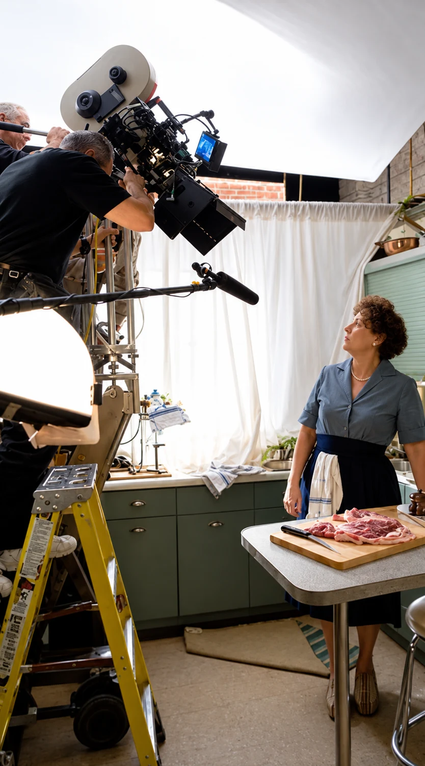 A camera crew filming food preparation in a kitchen