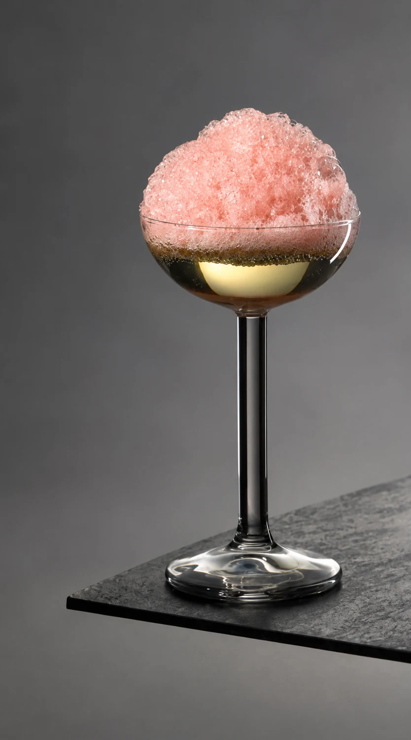 A pink foamed course served in a stemmed glass