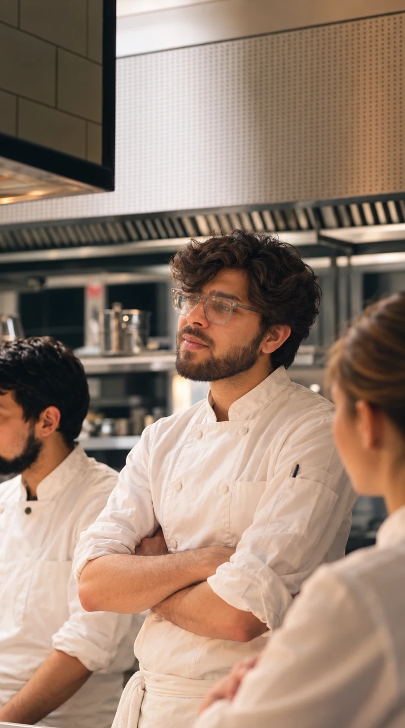 Illustrative portrait of Saurav Gurjar standing between chefs and listening